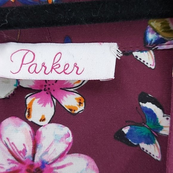 Parker Bohemian Contemporary Maroon Floral Butterflies Silk Blouse Top L (O15) - Picture 5 of 13
